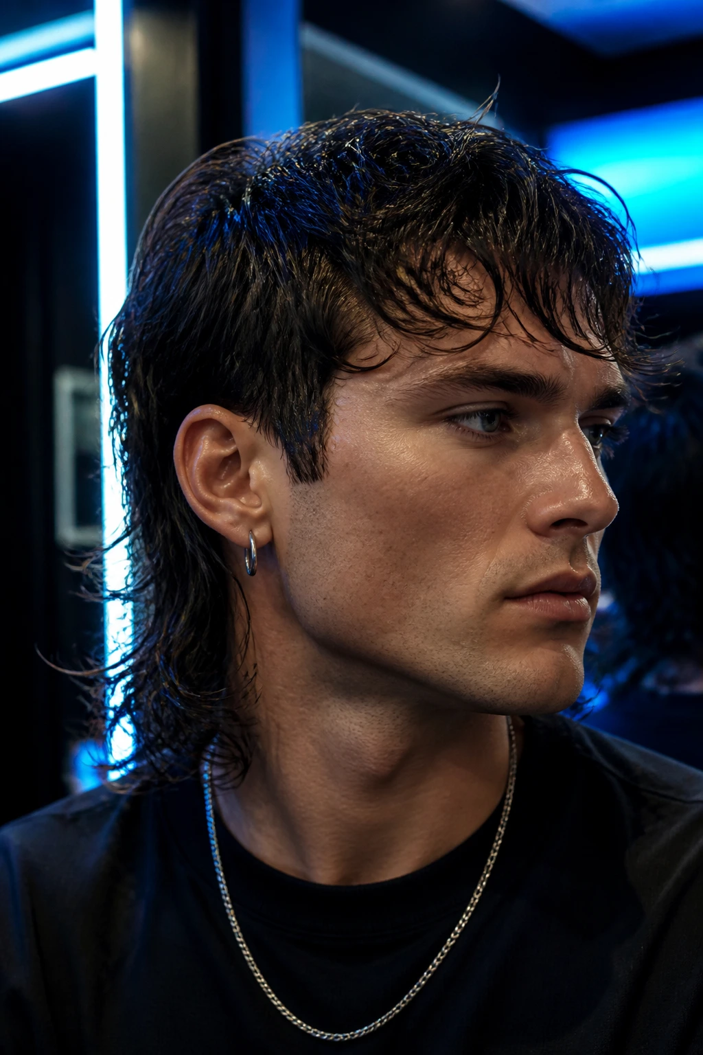 Close-up portrait of a real person with a glossy wet-texture mullet under neon lighting