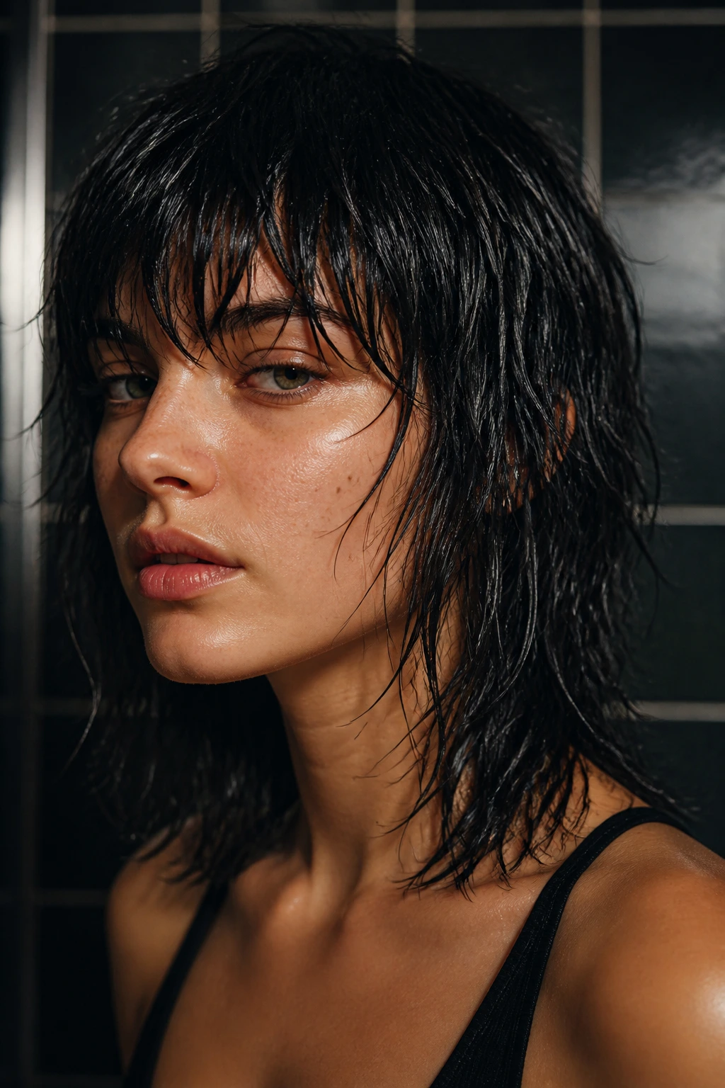 Close-up of wet-texture shag with defined clumps on a real person