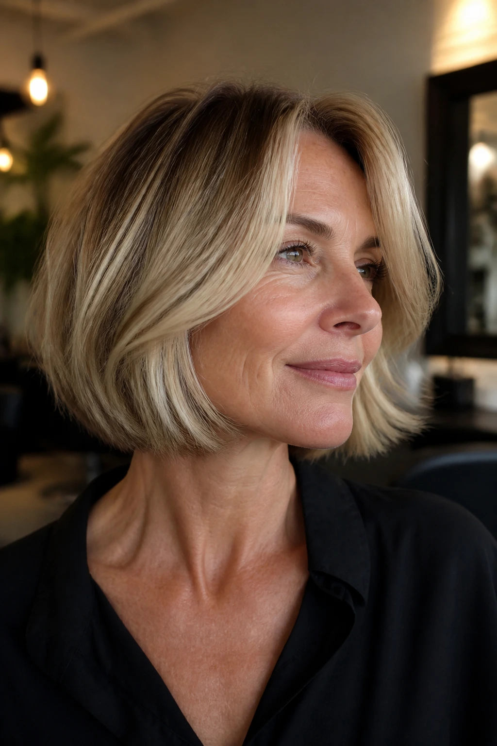 Real woman with wheat blonde bob and lived-in foils in a salon setting