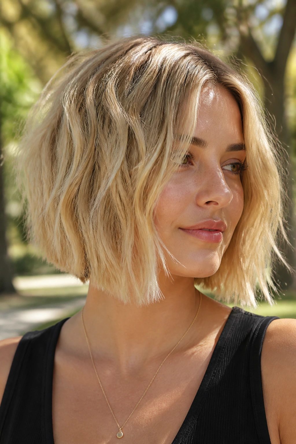 Close-up of a real woman's wheat blonde bob with broken texture.
