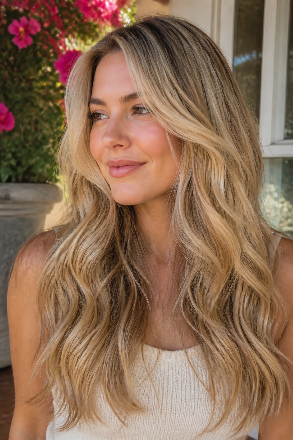 Close-up of real woman with wheat blonde long waves and lived-in depth