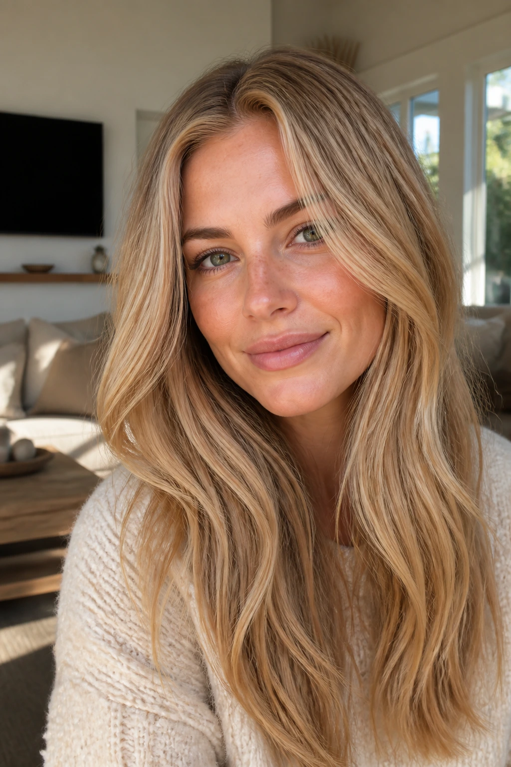 Close-up of a real woman with wheat blonde hair in an earthy, natural tone.