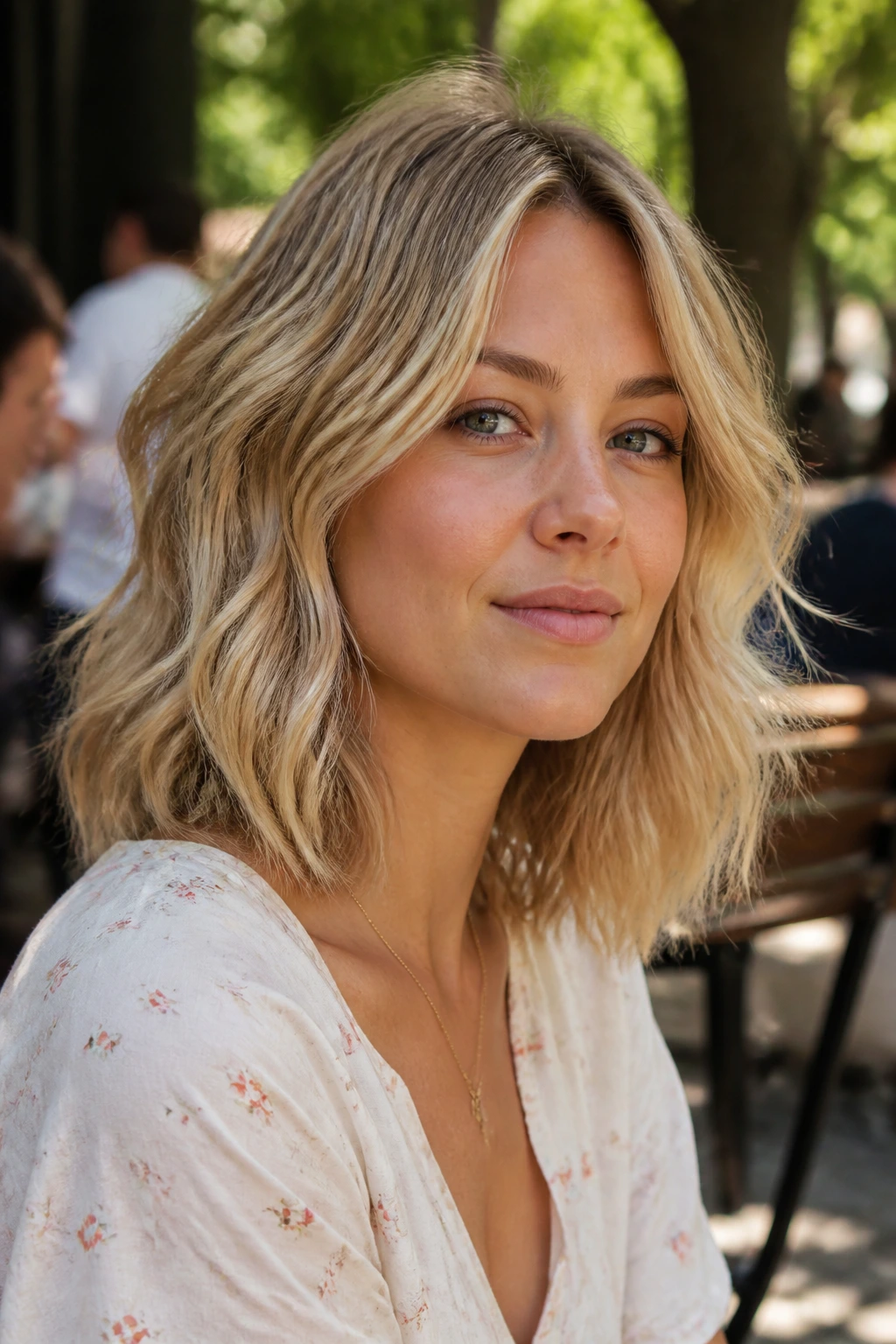 Close-up of wheat blonde air-dried lob with soft brush-out on a real person