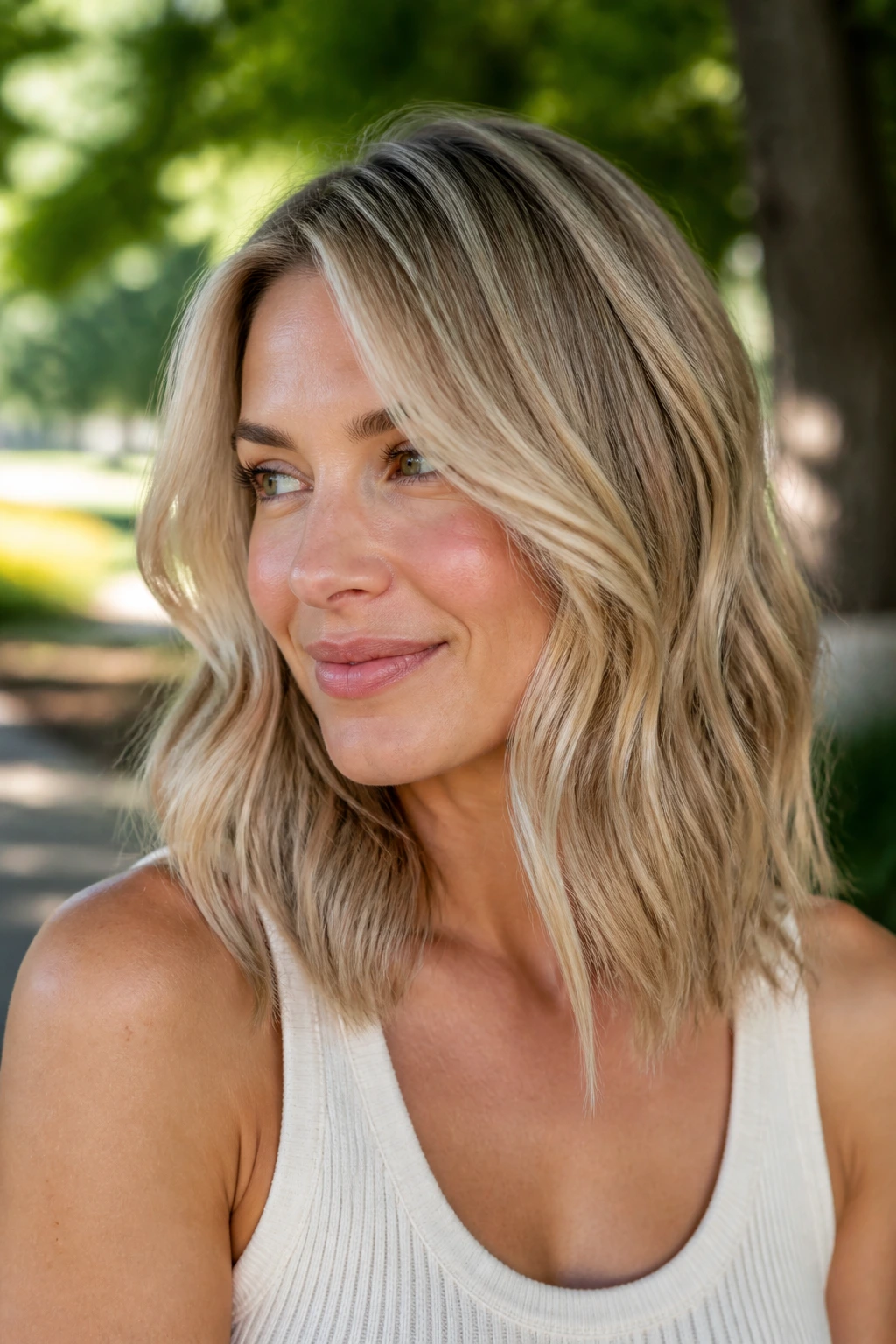 Close-up of real woman's wheat blonde hair with subtle lowlights