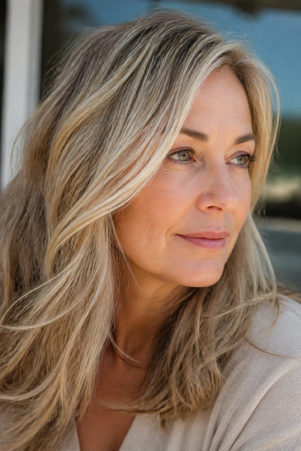 Close-up of wheat blonde hair with beige lowlights on a real woman