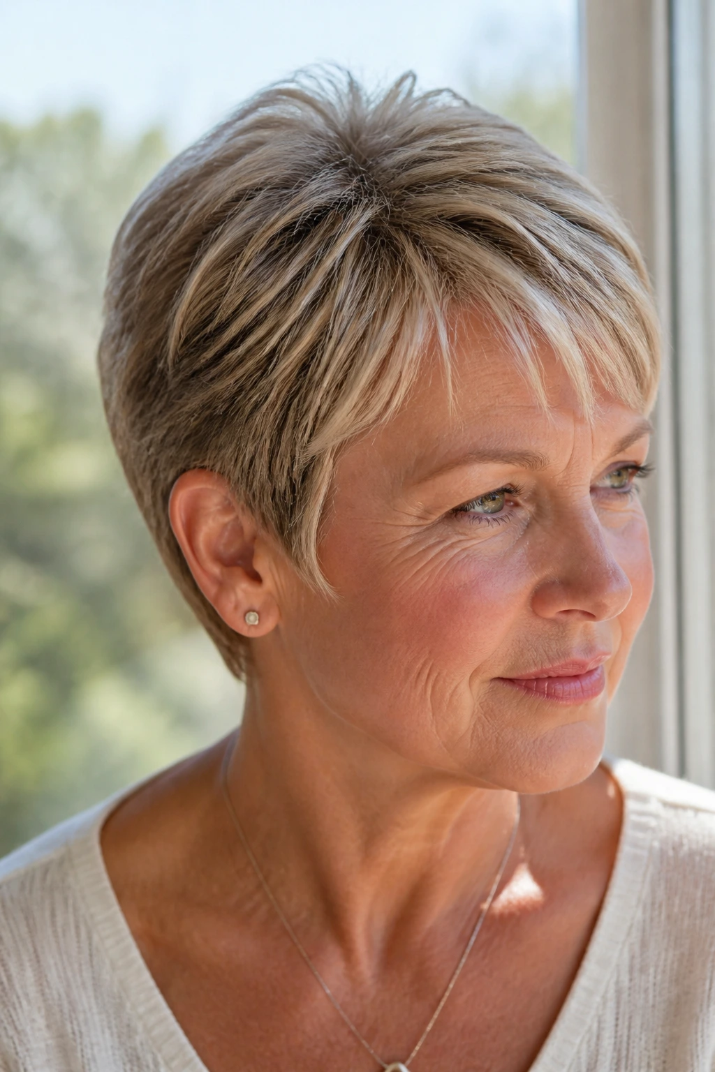 Close-up of a real woman with a short crop and fine wheat blonde micro-highlights woven through.