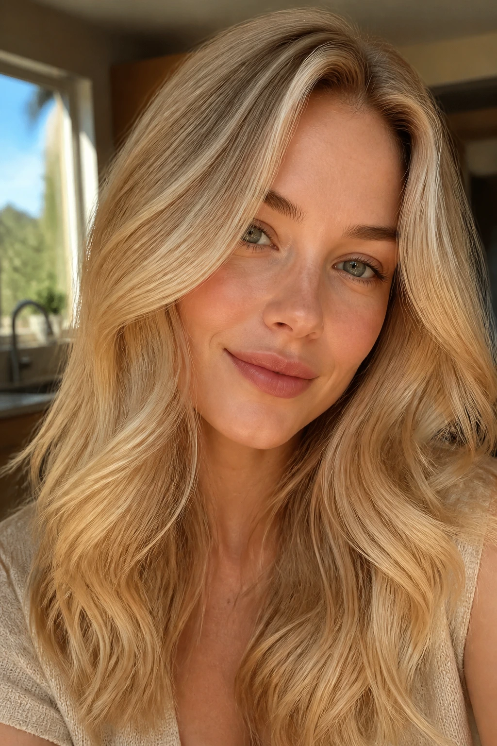 Close-up of a real woman with wheat blonde hair