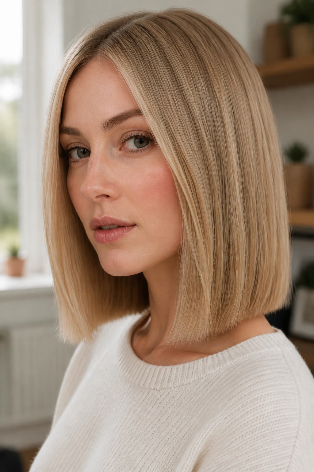 Close-up of a real woman with wheat blonde one-length cut in home light.