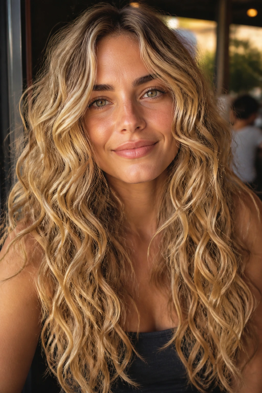 Close-up portrait of a real woman with wheat blonde ribbon lights on long curls