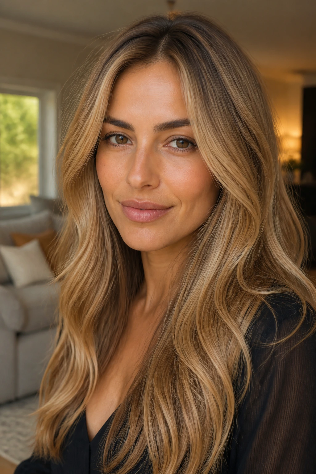 Close-up portrait of a real woman with wheat blonde hair and natural low-contrast ribbons in warm daylight