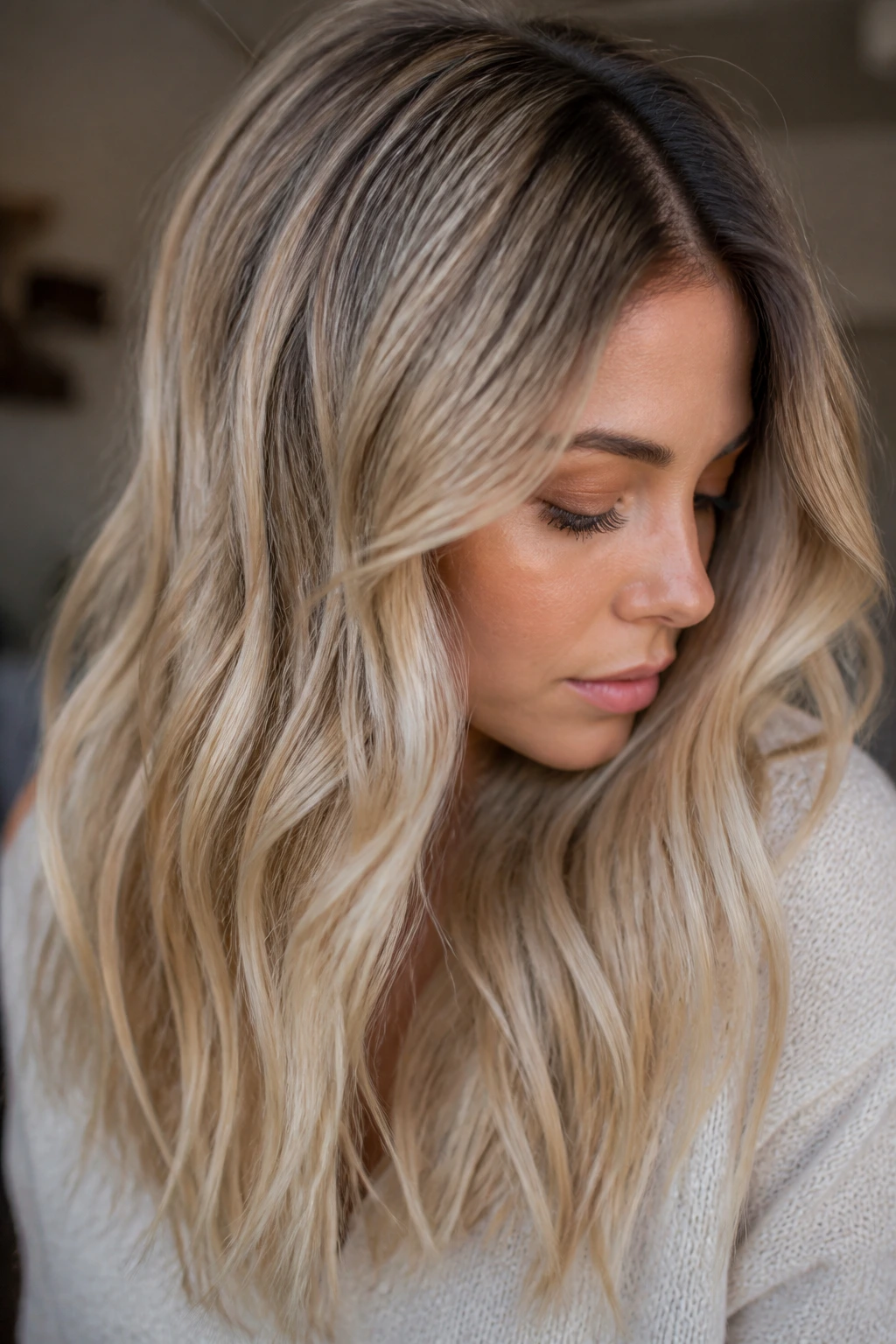 Close-up of a woman with wheat blonde hair and smoky root in natural light