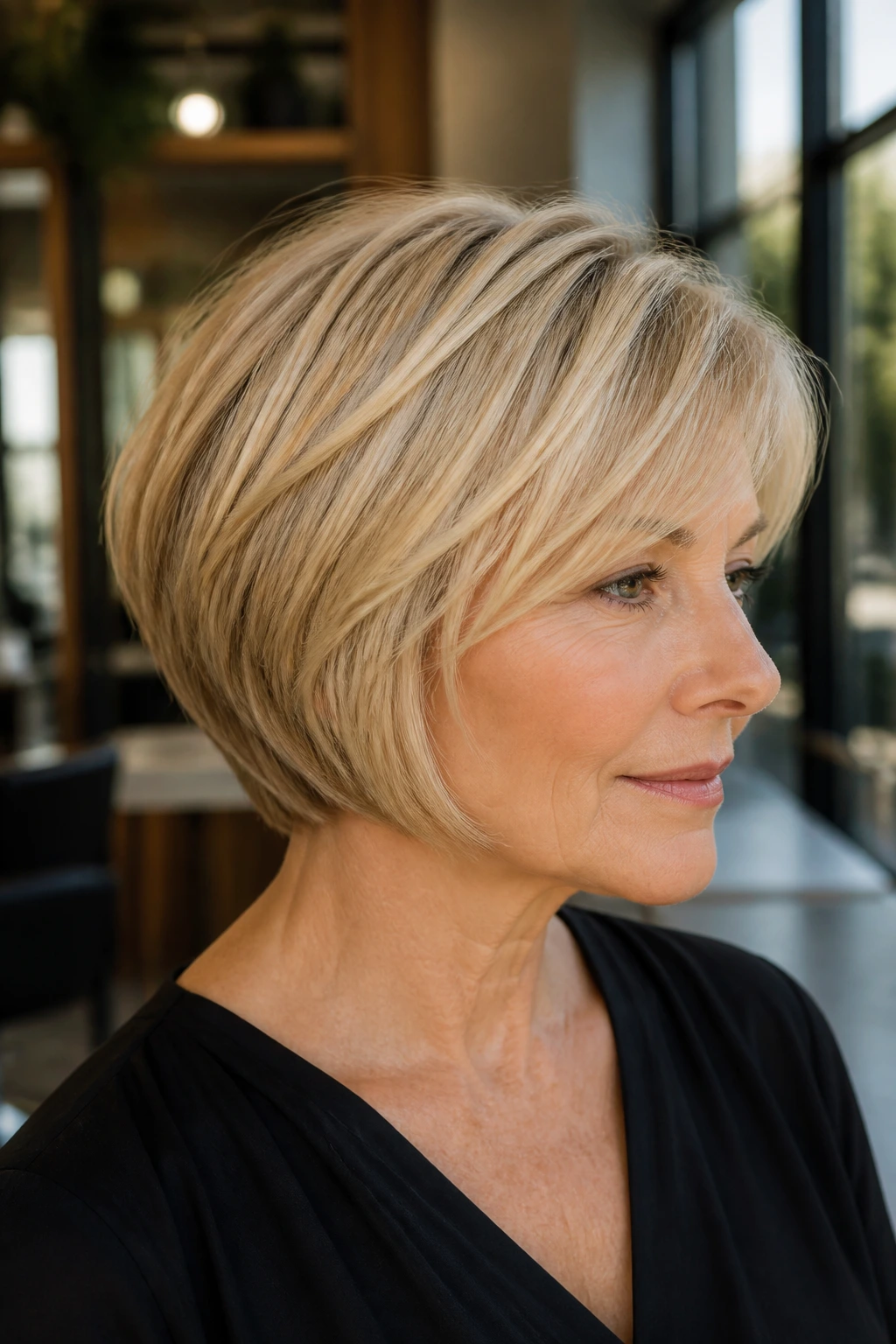 Portrait of a real woman with wheat blonde stacked bob highlighting the stack and lighter mids