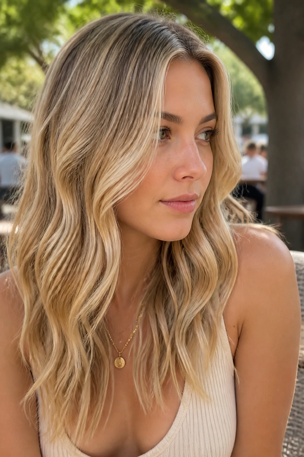 Close-up of a real woman with wheat blonde waves in sunlight