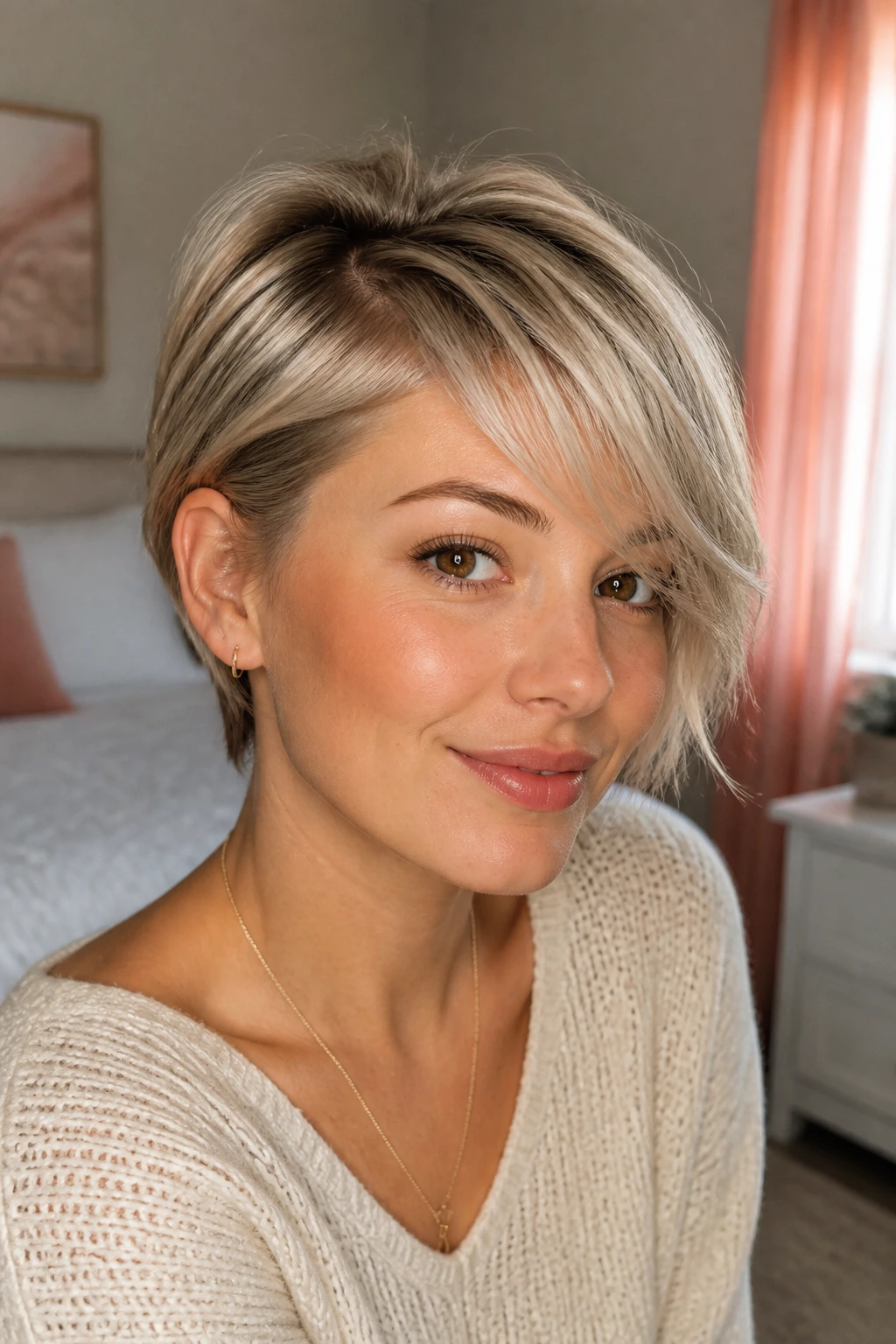 Close-up of real woman with whisper-layer crop in sunlit bedroom