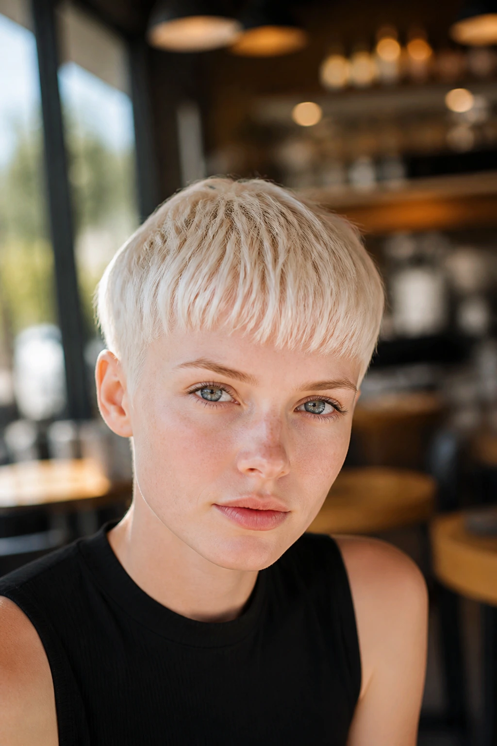 Close-up of white-blonde Caesar crop on a real woman with a sharp fringe