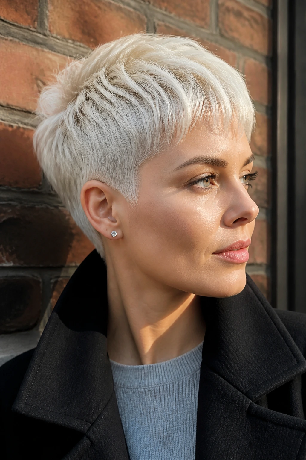 Woman with white blonde crop hairstyle in urban daylight