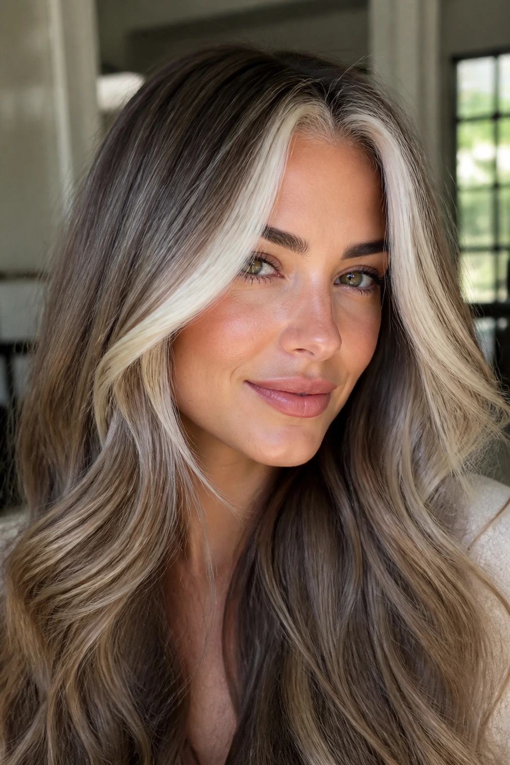 White blonde face-framing highlights on thick hair