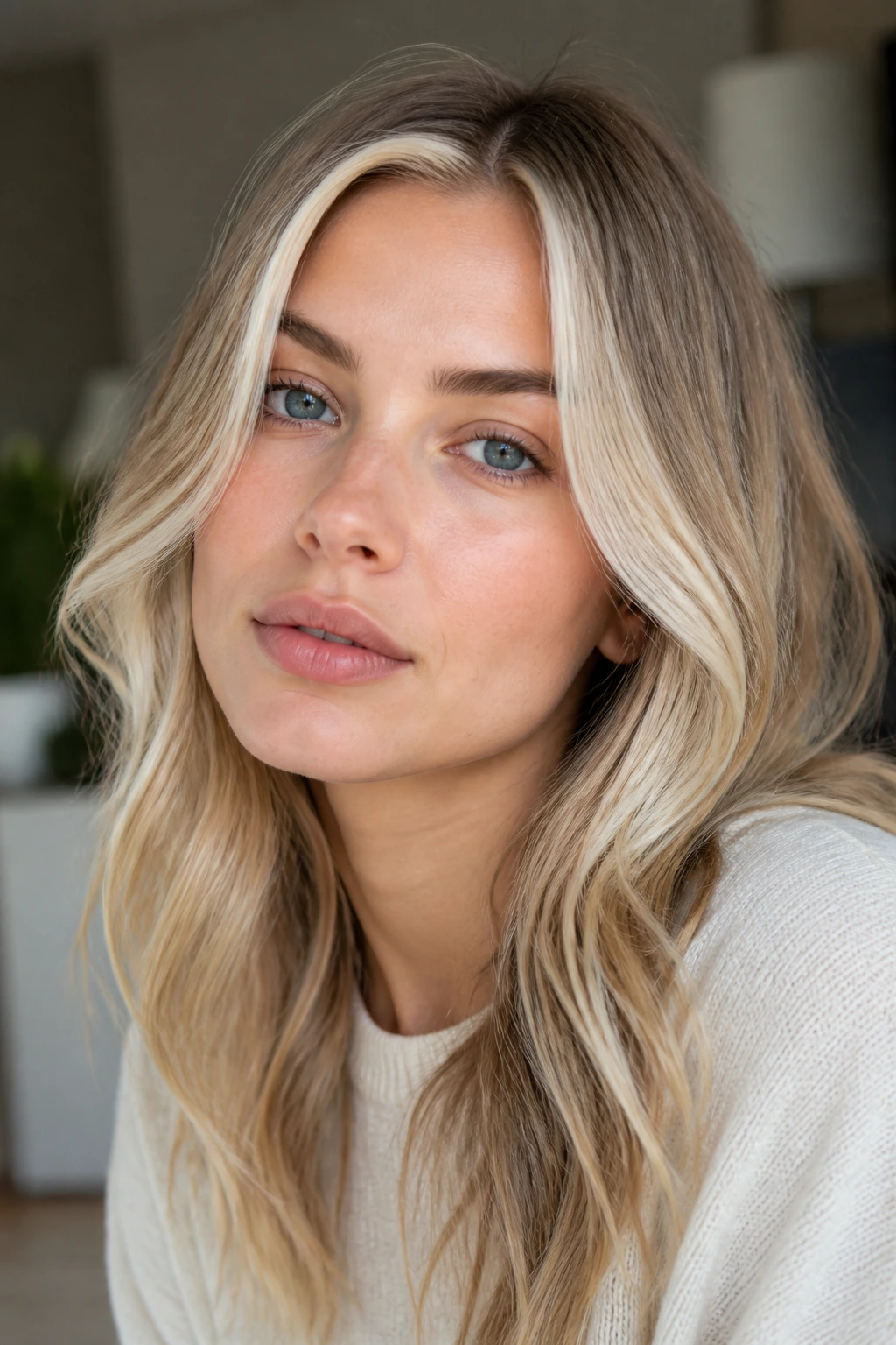 Close-up of a real woman with white blonde face-framing highlights around the temples and cheeks.