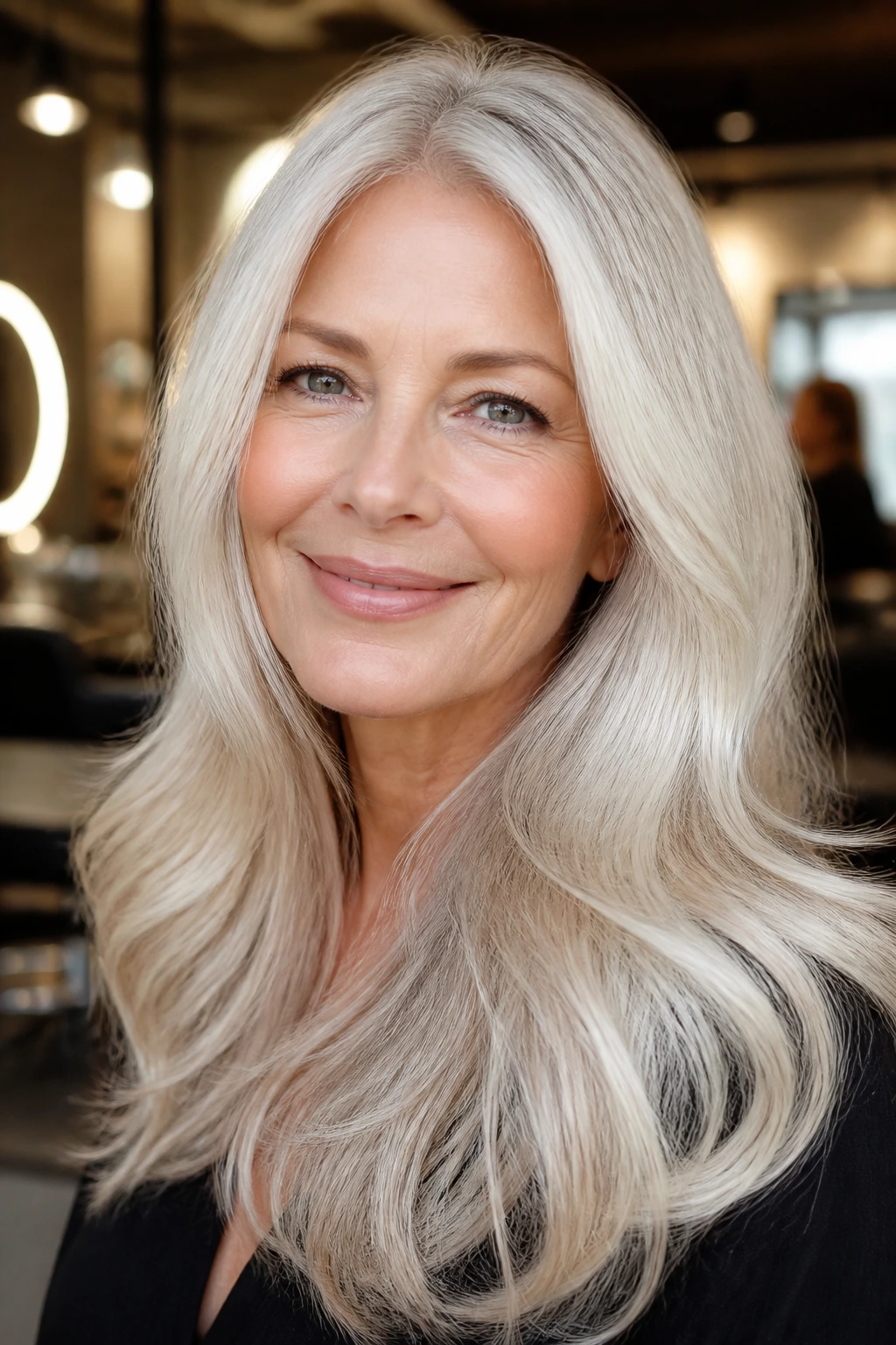 Close-up of a woman with white-blonde glossy hair around the face