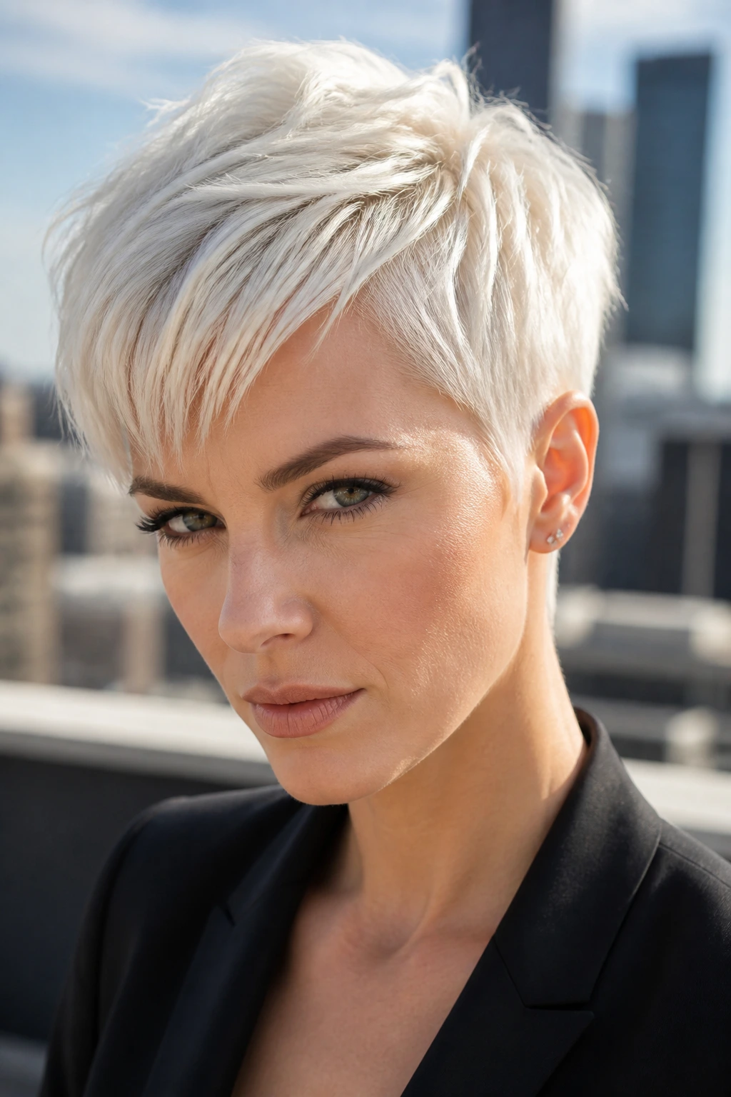 Close-up of white blonde pixie crop on a real person with sharp edges