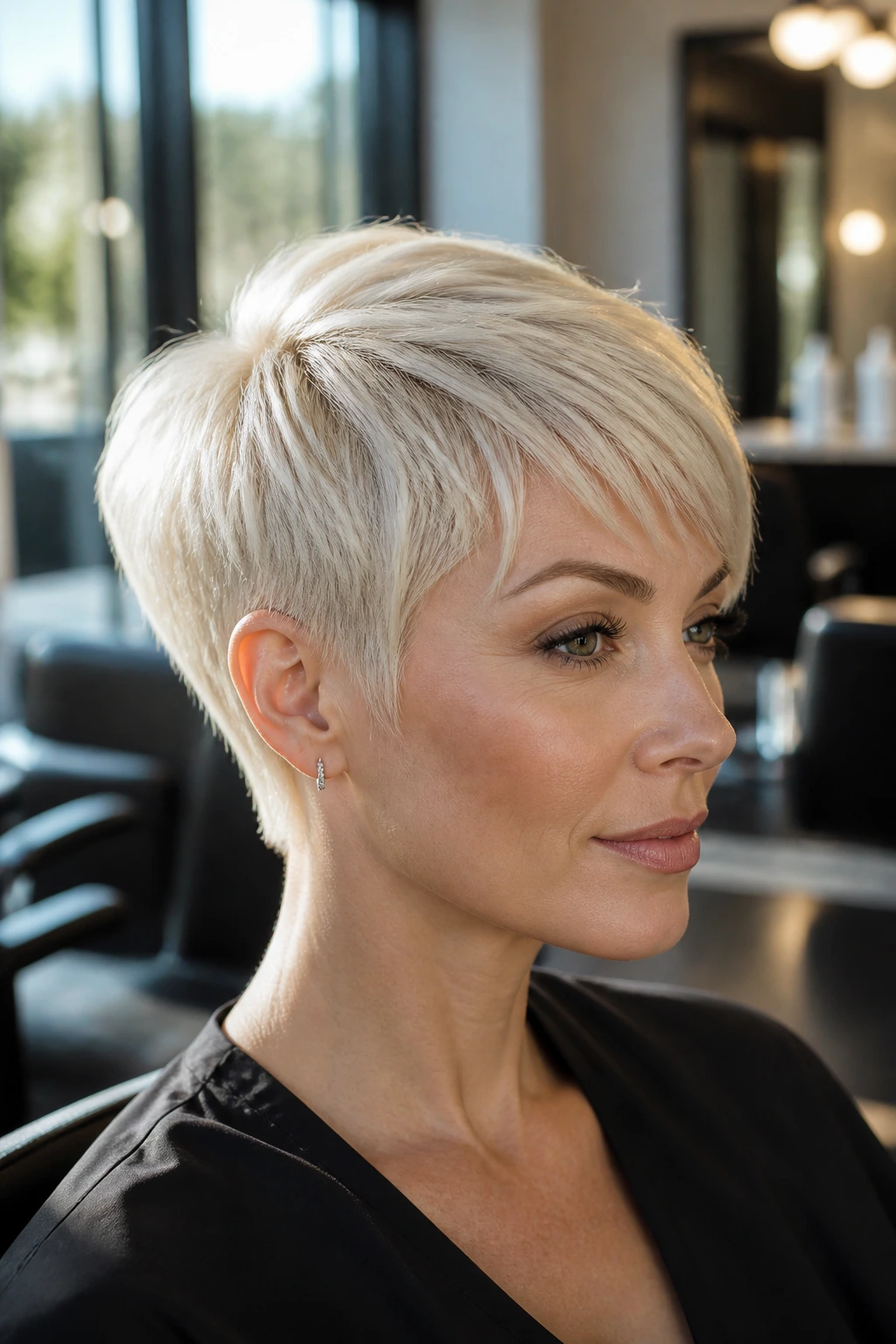 Close-up of a real woman with a white-blonde pixie crop in natural window light