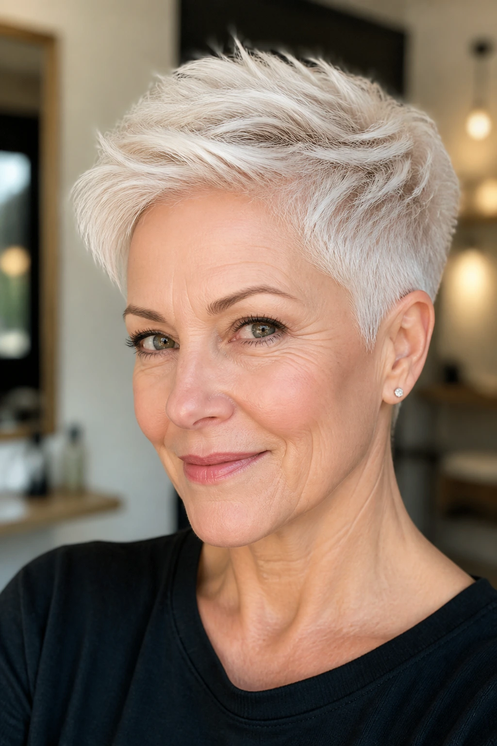Close-up portrait of a real woman with a white blonde pixie and tapered sides in warm salon lighting