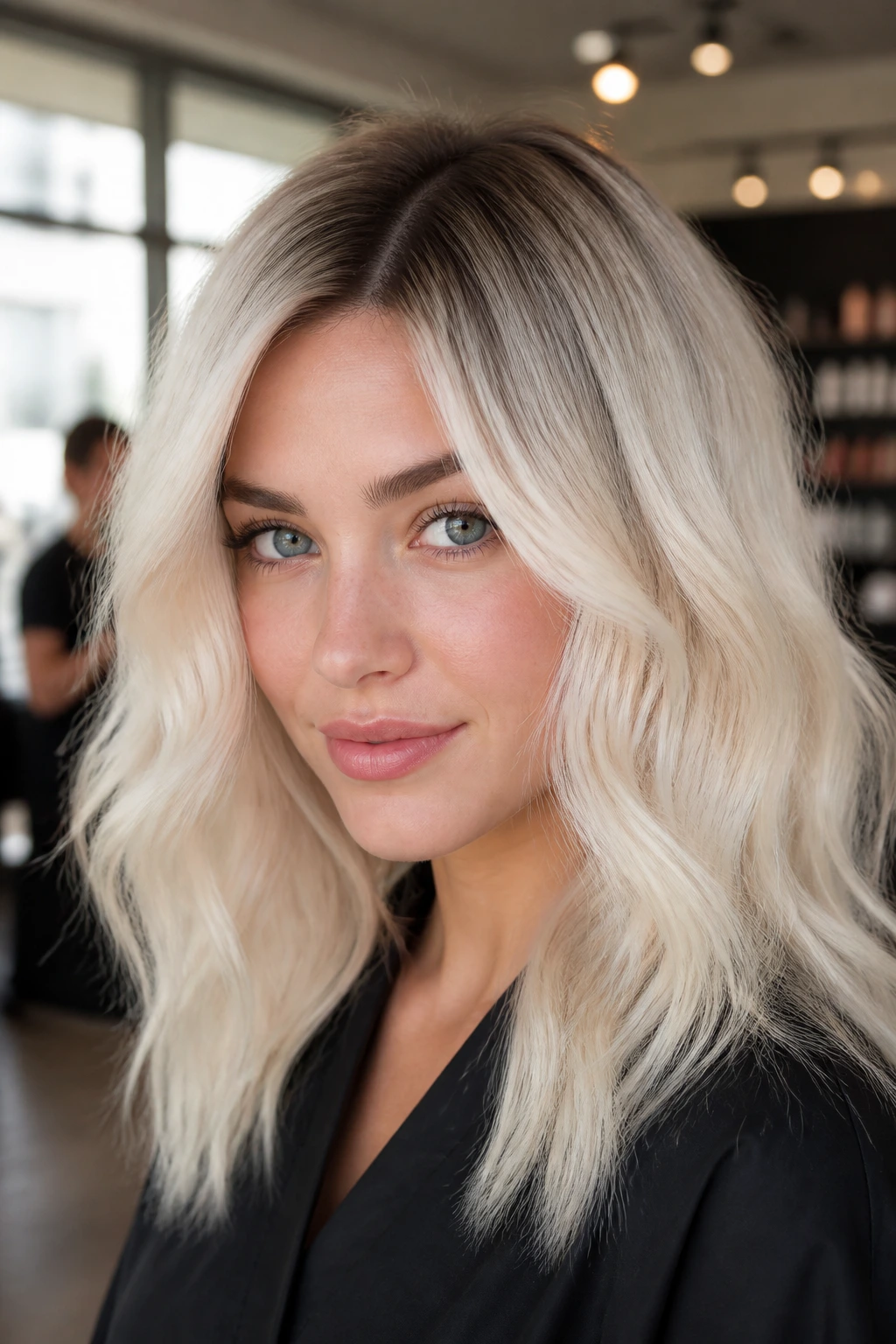 Close-up portrait of a woman showing white blonde with dark root stretch.