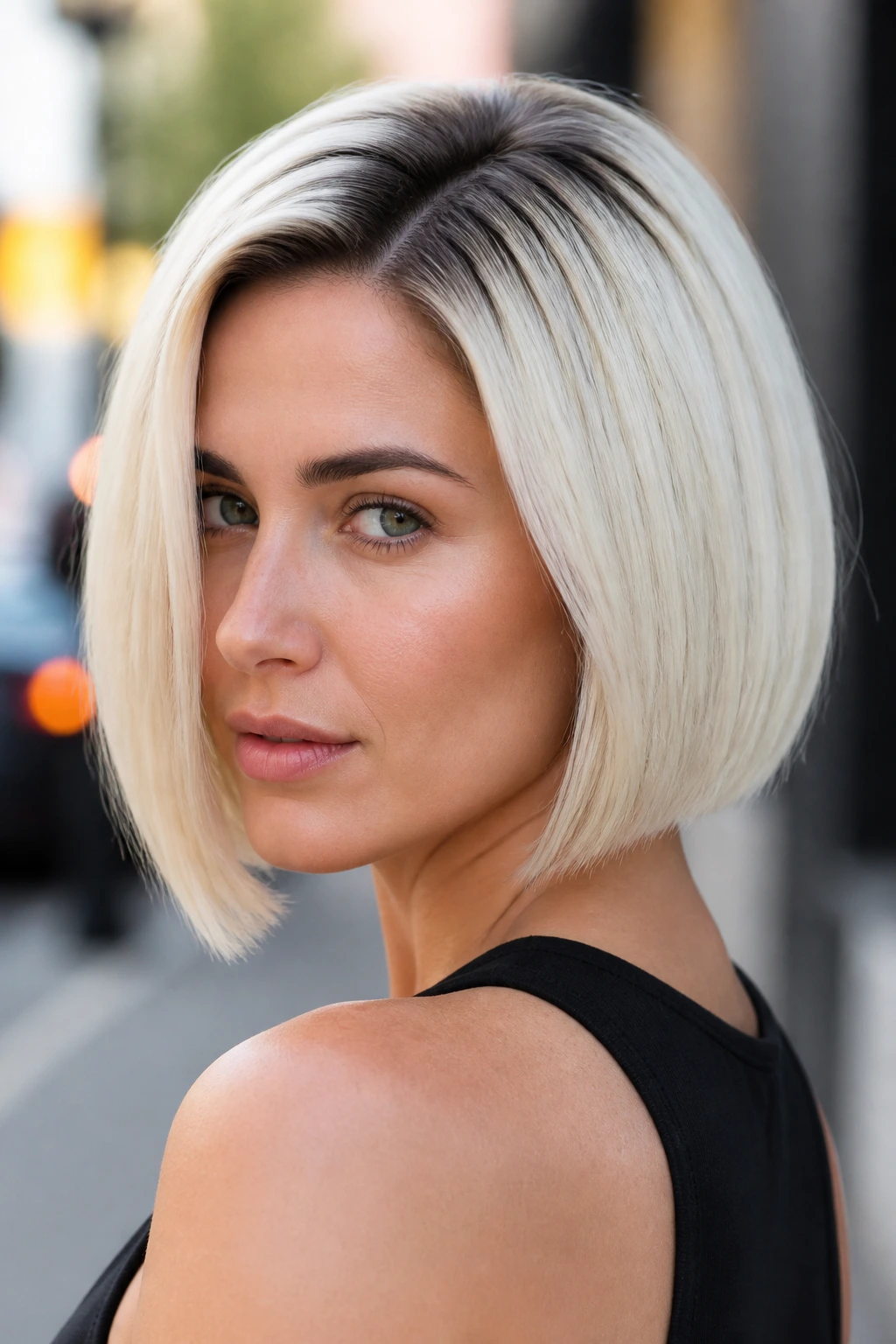 Close-up of a real woman with white blonde bob and deep root tap.