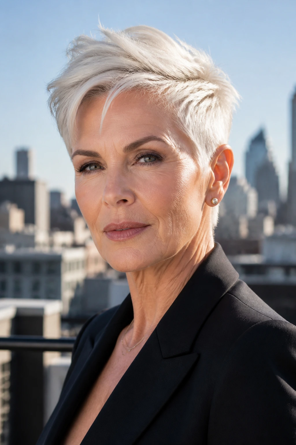 Real woman with white blonde tapered pixie hairstyle in bright daylight.
