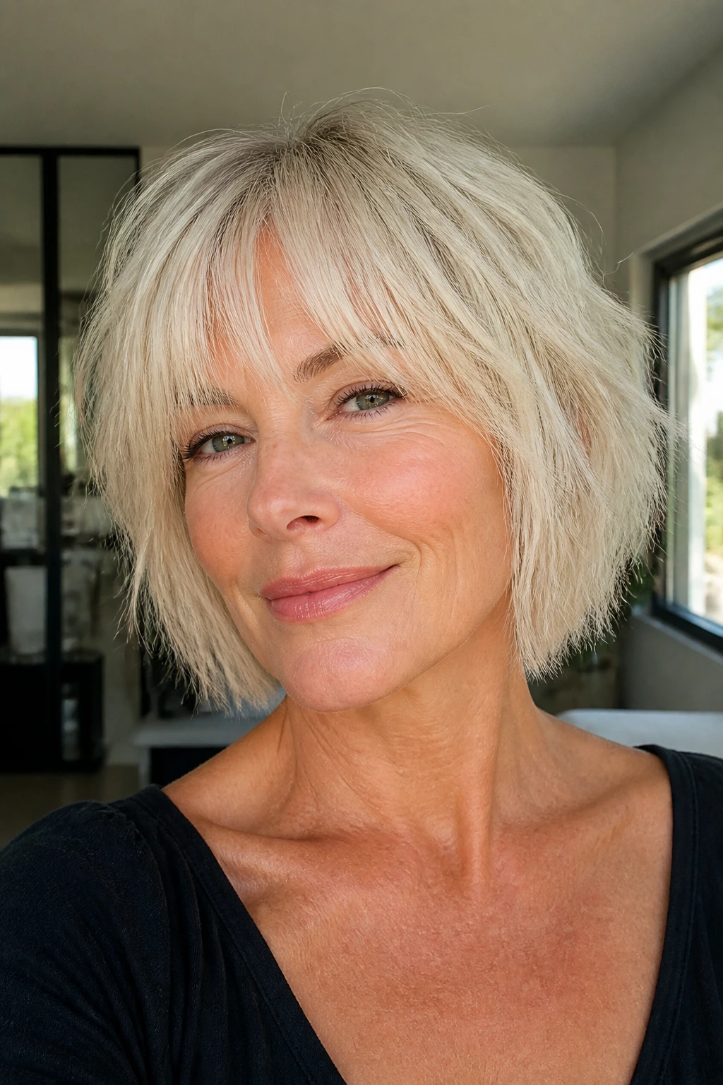 Close-up of a real woman with white-blonde textured bob and wispy fringe in bright natural light.