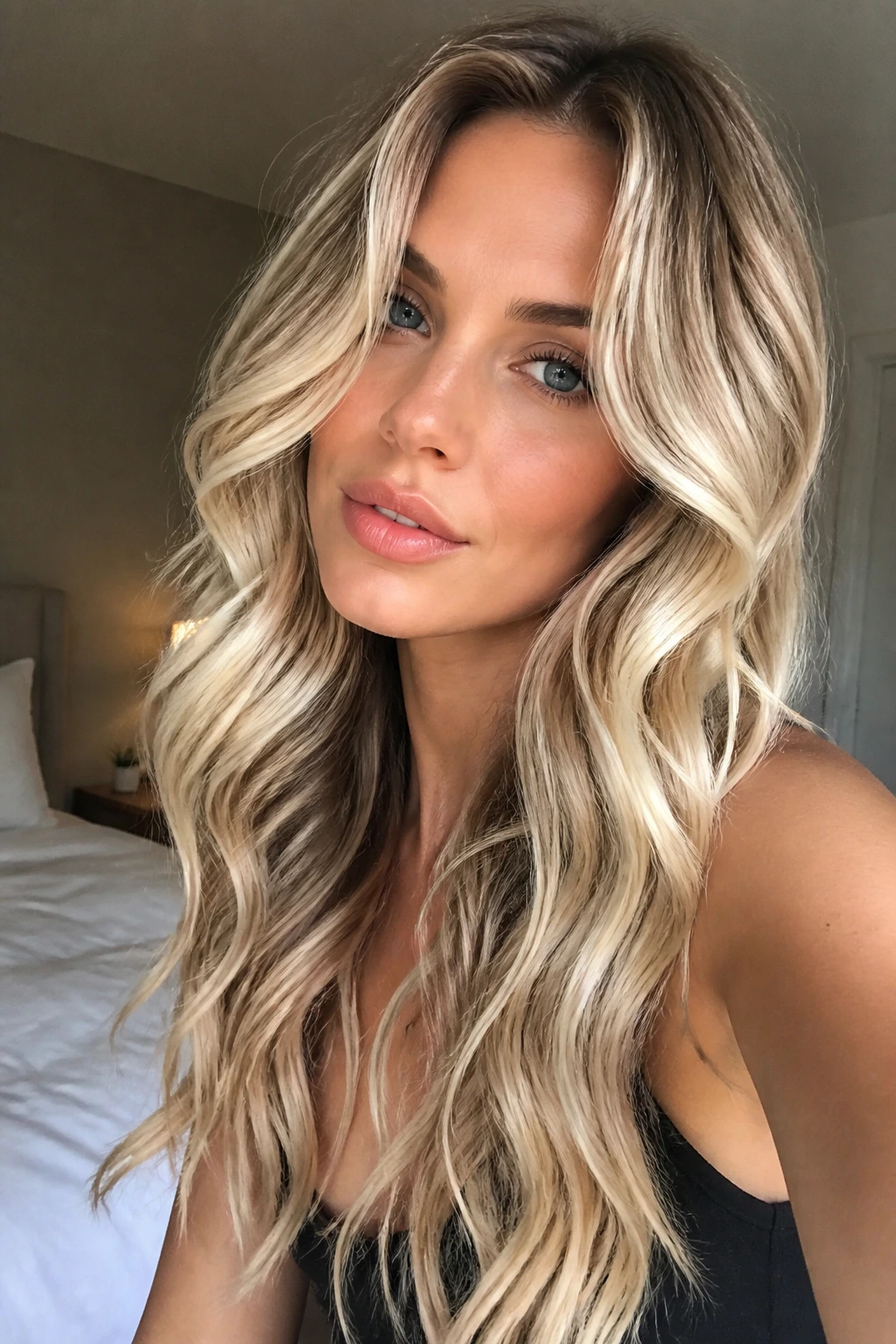 Close-up of a real woman's long white-gold blonde hair with high-contrast waves