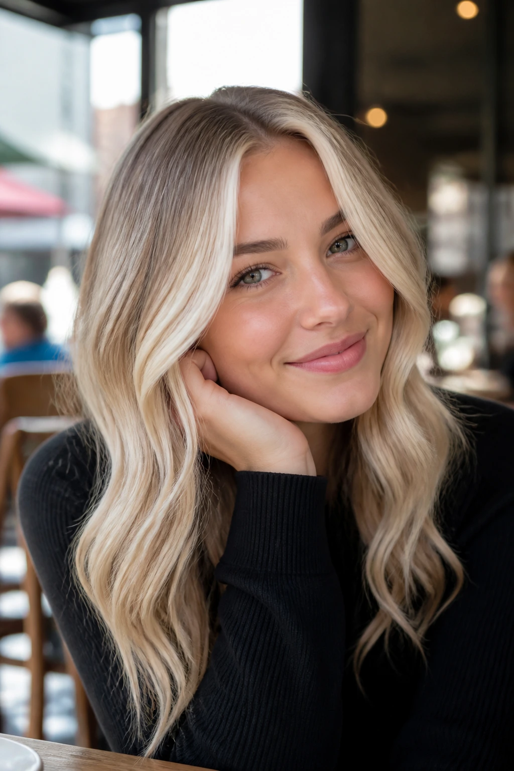 Medium close-up of white gold face-framing blonde on a real person