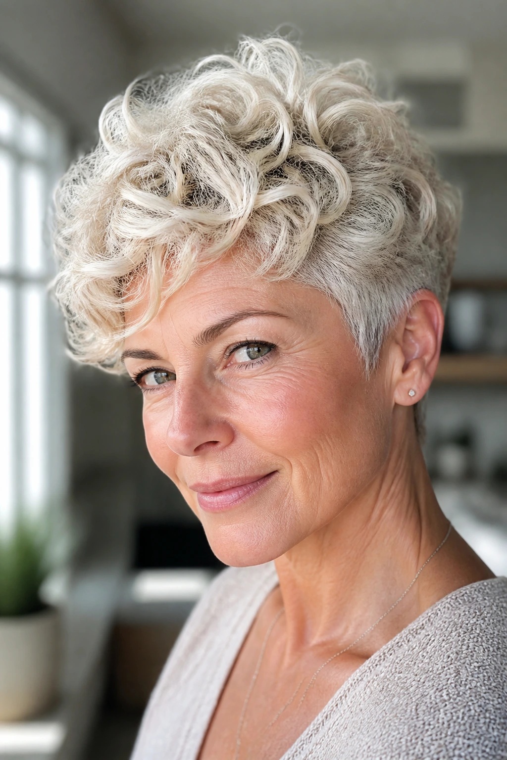 Close-up of real woman with white gold pixie curls showing bright contrast near temple.