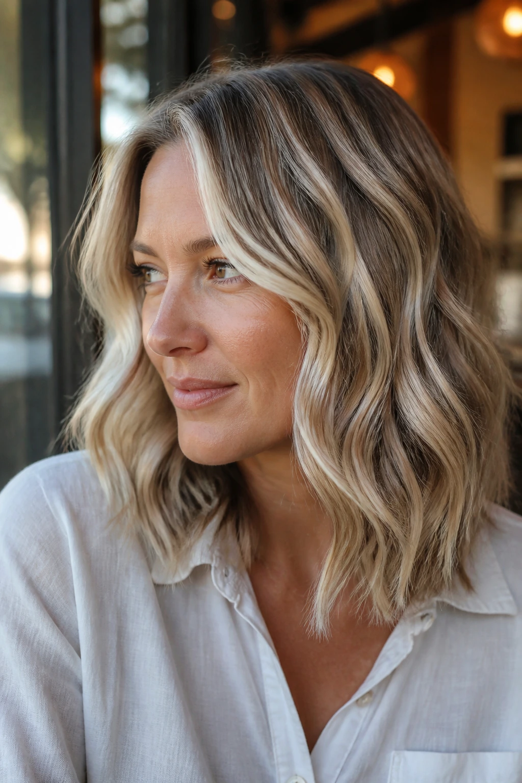 Close-up of a real woman with white gold streaks in soft bends on medium-length hair, cafe light