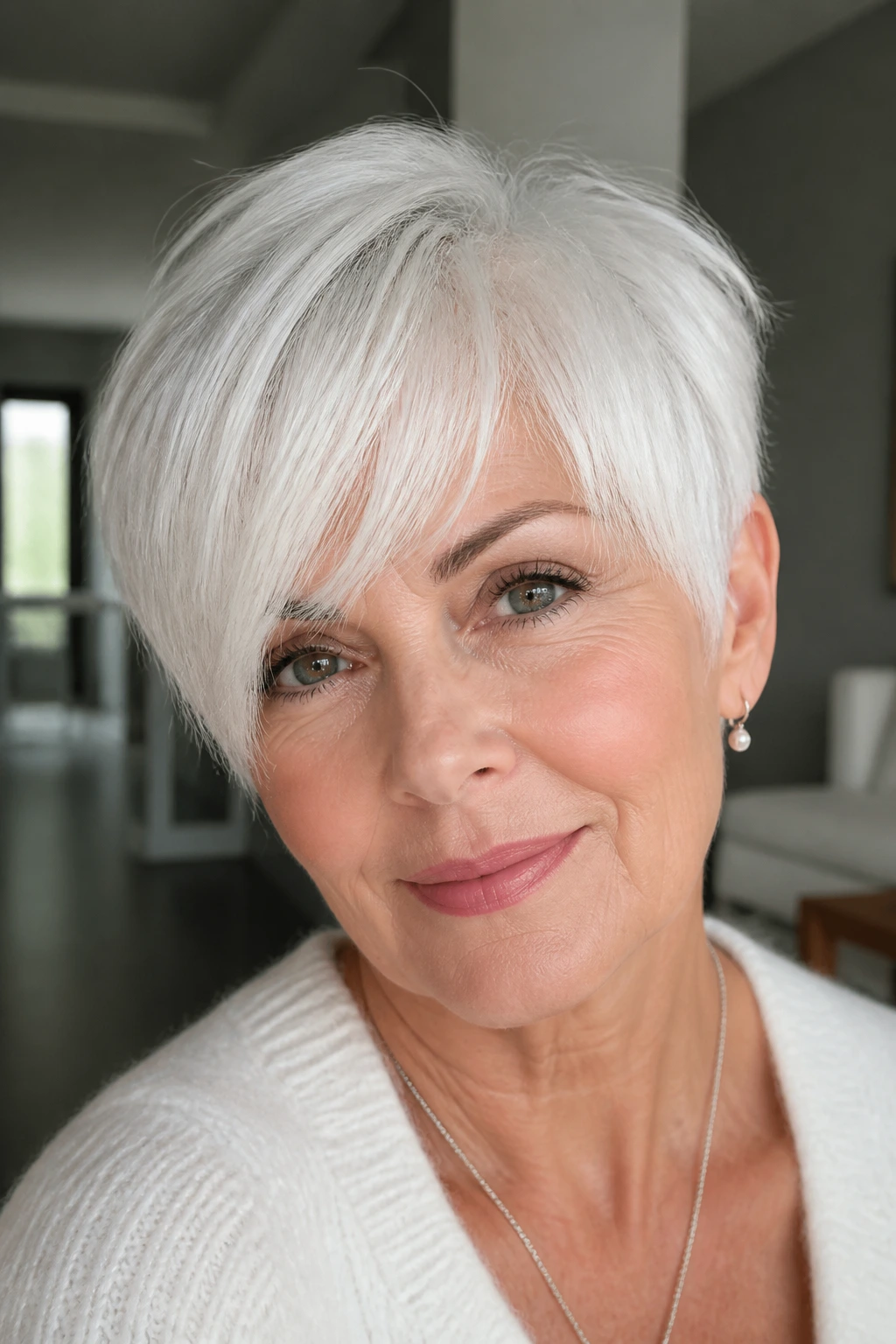 Close-up of a real woman with a bright white pixie and long fringe