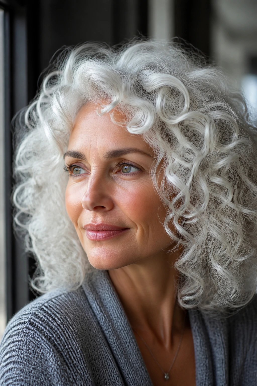 Close-up portrait of a real woman with white smoke gray curls.