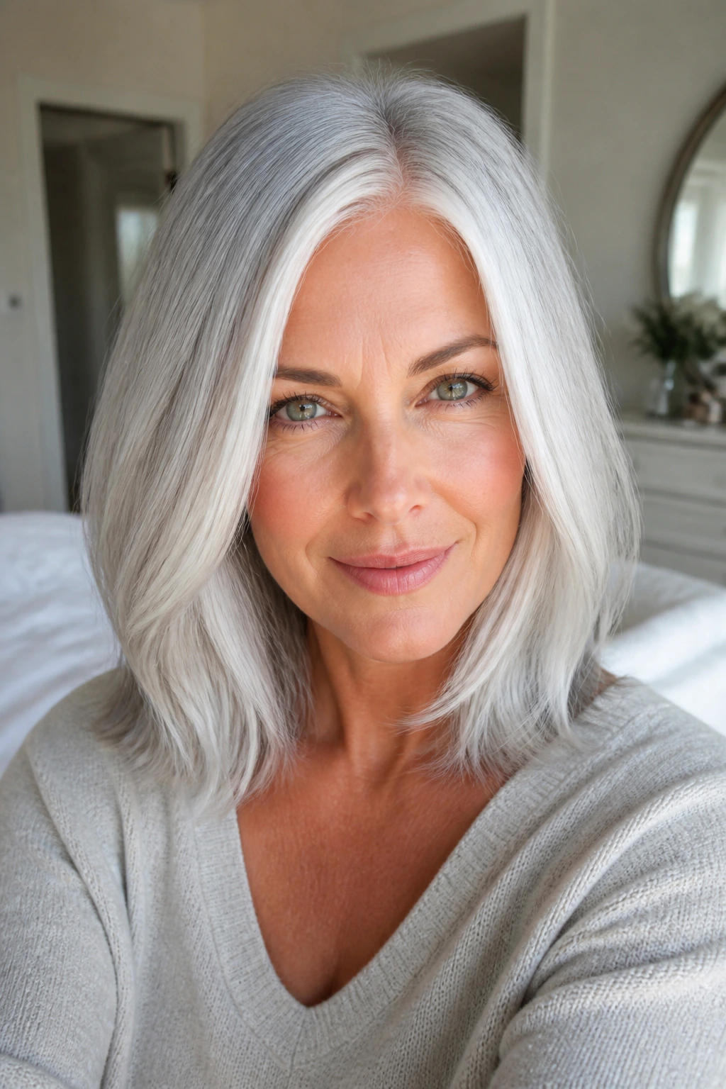 Portrait of a real person with white-silver hair and a clean face frame.