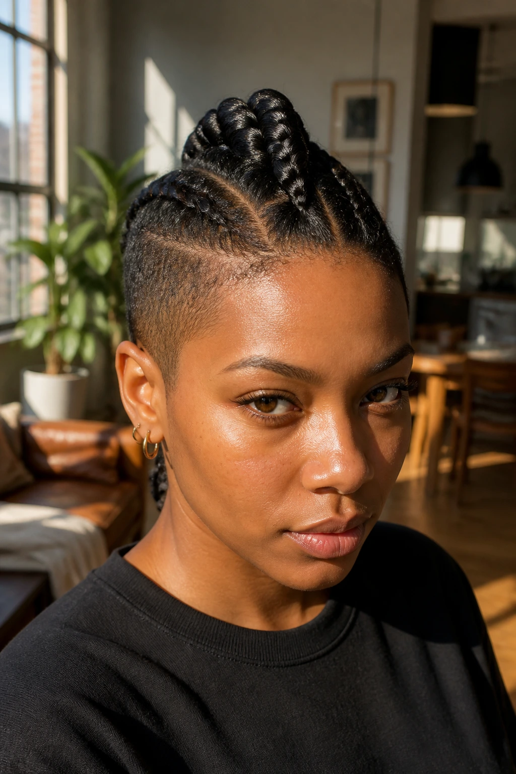 Close-up of a real person with a strong center mohawk showing how braids elongate the silhouette