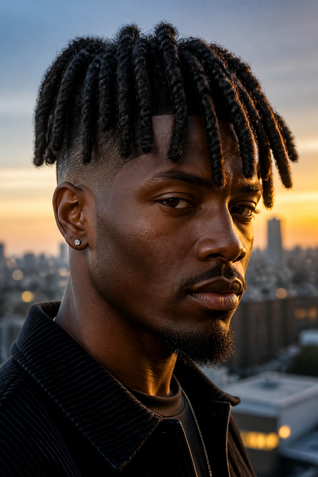 Close-up portrait of a man with thick wicks locs on rooftop at dusk