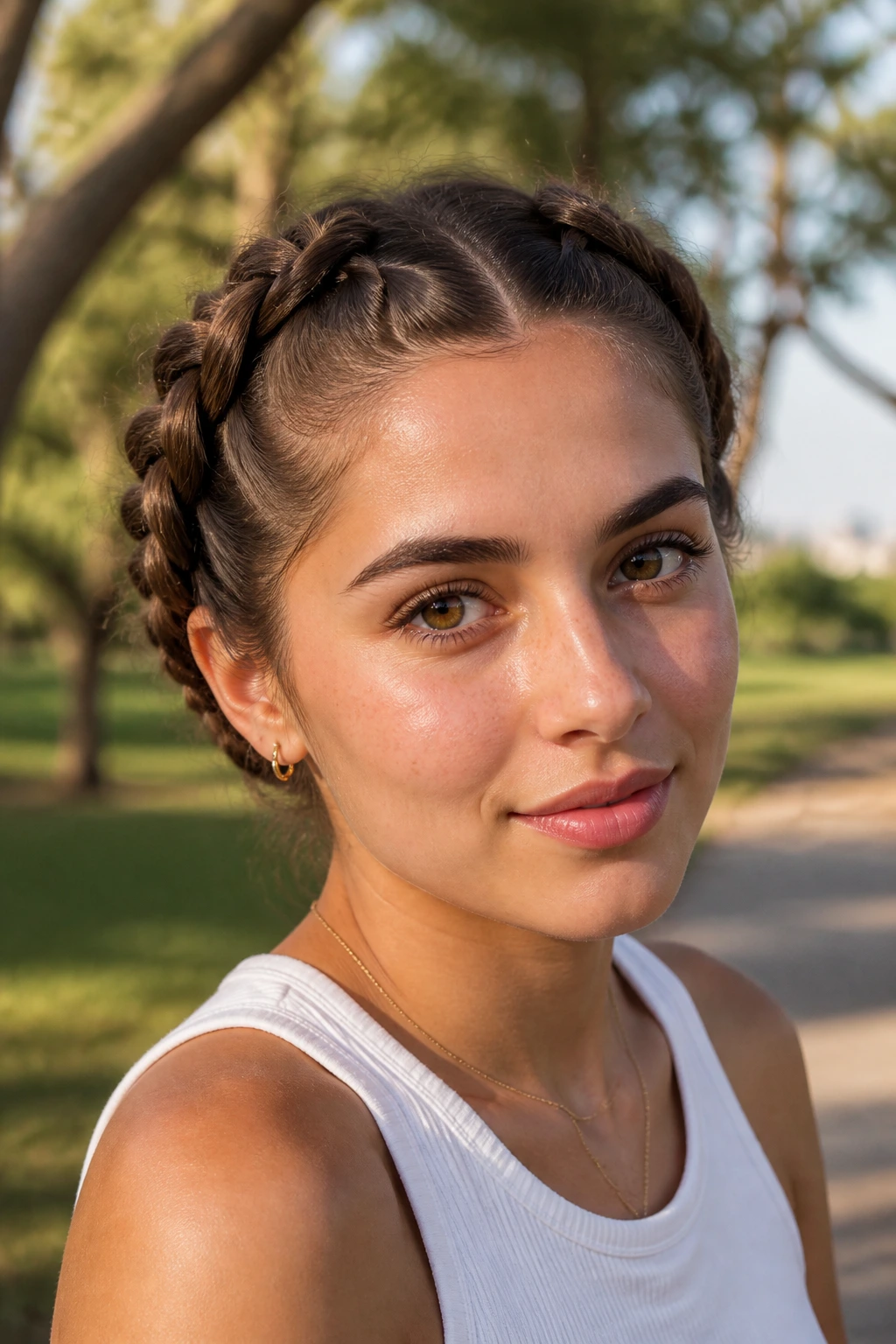 Two wide Dutch braids framing a real person