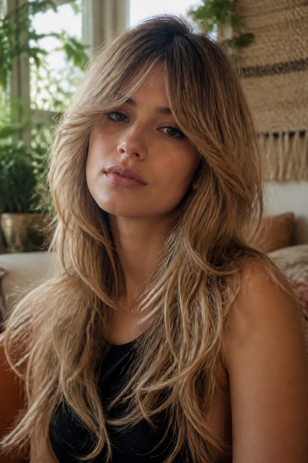 Close-up of a woman with a wide feather fringe and long flowing lengths.