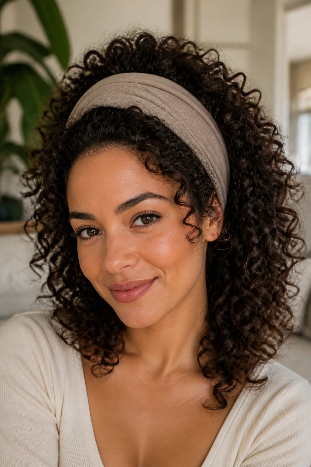 Close-up portrait of a real woman with 3a curls wearing a wide fabric headband creating crown volume.