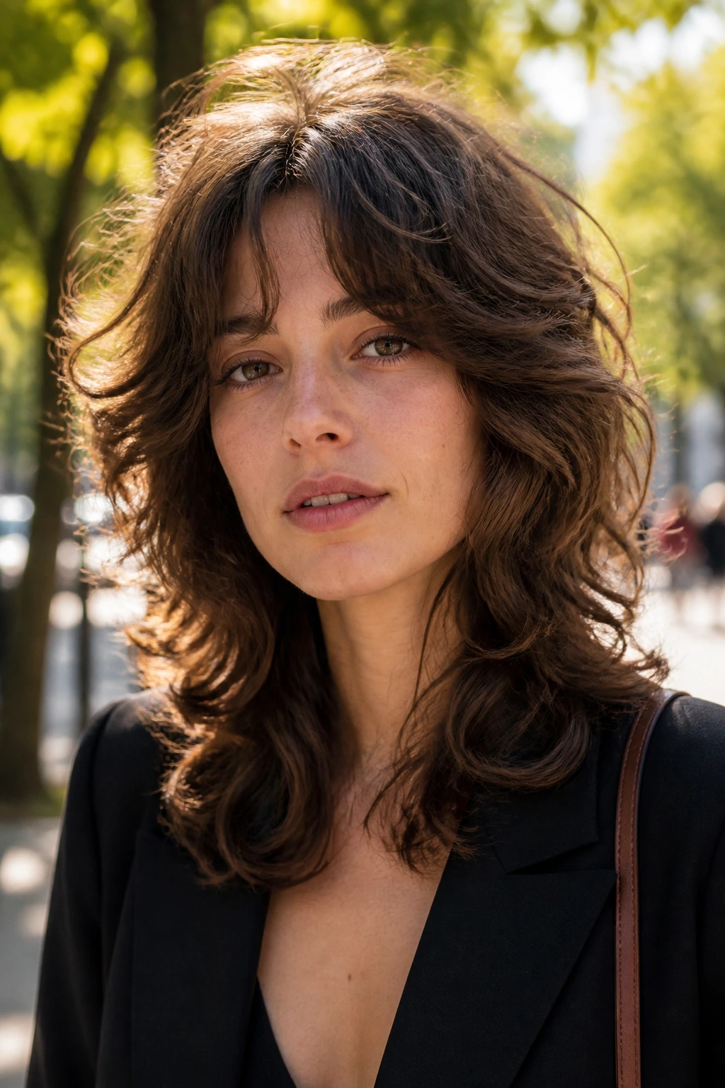 Portrait of a real person with wide-sweep layer shag and layers sweeping at the temples