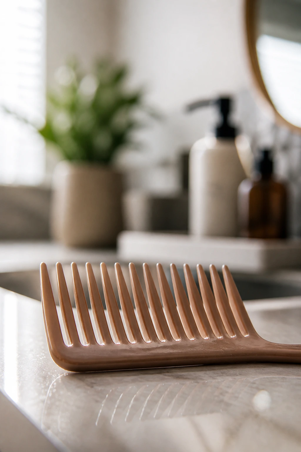 Close-up of a wide-tooth comb on a bathroom counter