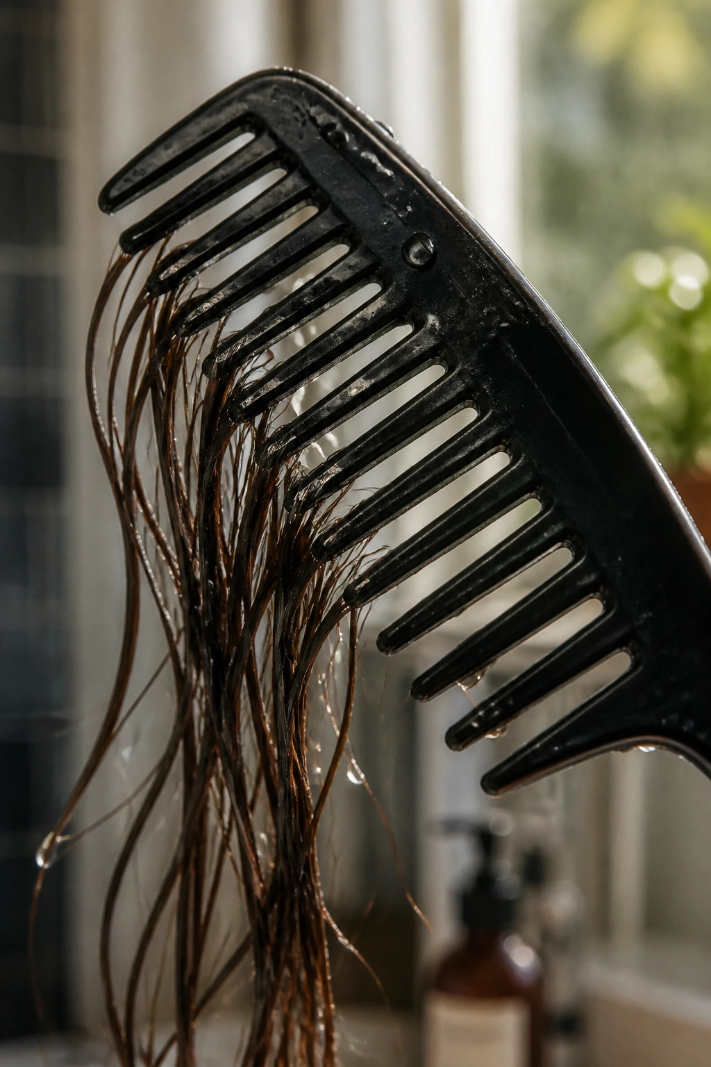 Close-up of a wide-tooth comb in damp hair in a bathroom