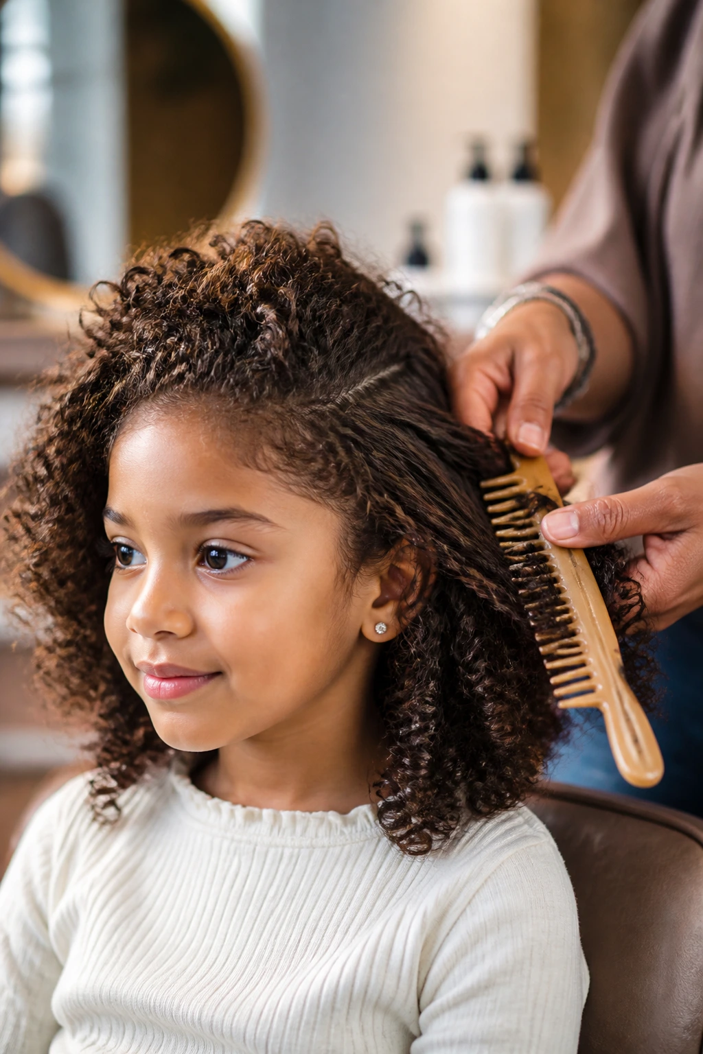 Child in styling chair with curly hair and wide-tooth comb nearby
