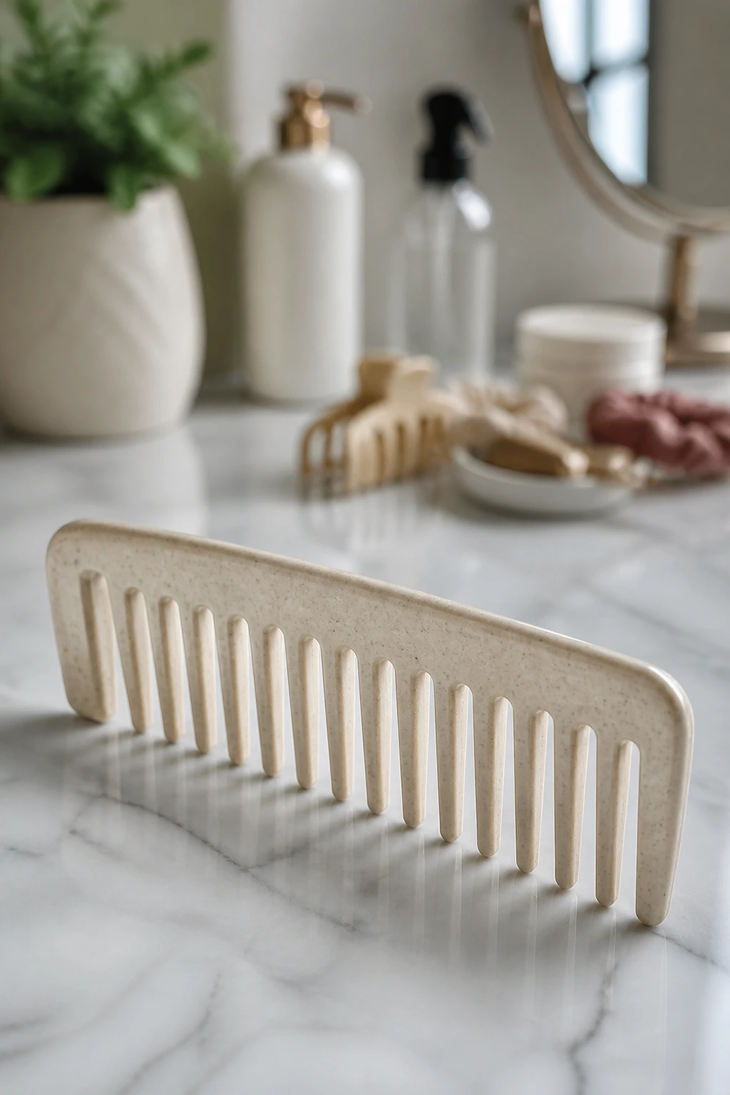 Wide-tooth comb on a vanity surface ready for detangling