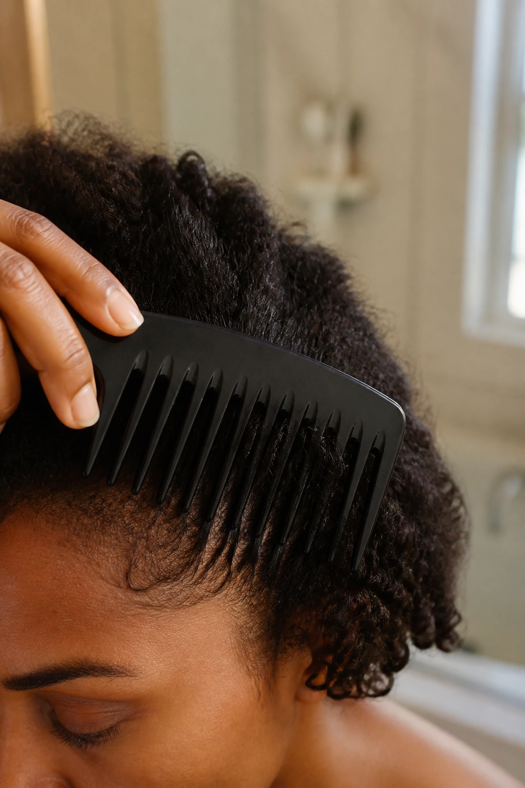 Close-up of a wide-tooth comb detangling natural hair on a real person