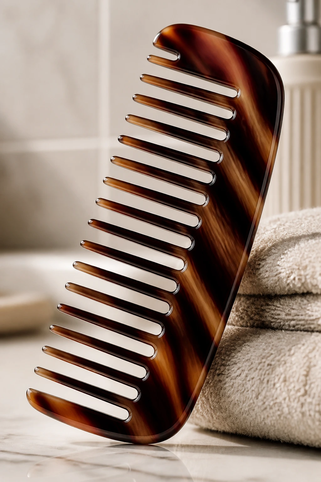 Close-up of a wide-tooth comb representing essential brunette styling tools