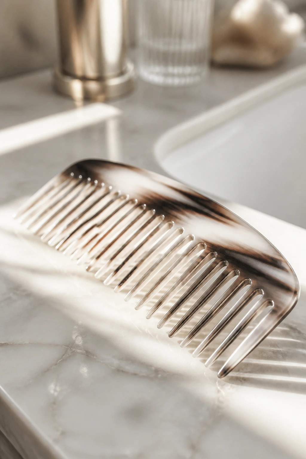 Close-up of wide-tooth comb on bathroom counter for frizz control.